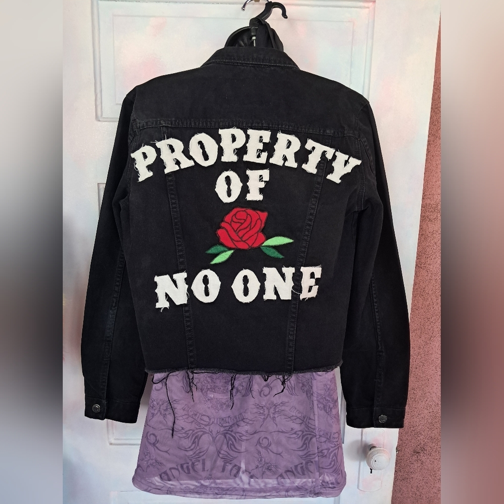 Edgy Black Denim Jacket with Red Rose Embroidery
